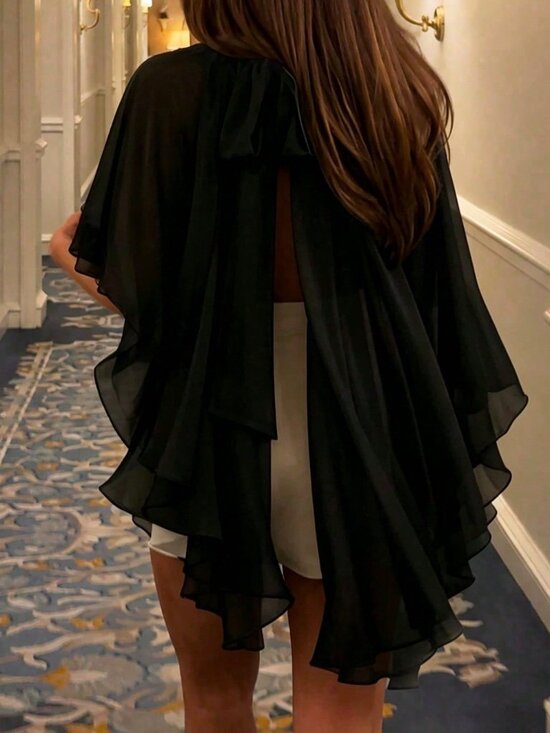 Tops - Black Casual Women's Regular Asymmetrical Halter Chiffon Batwing Crop Blouse